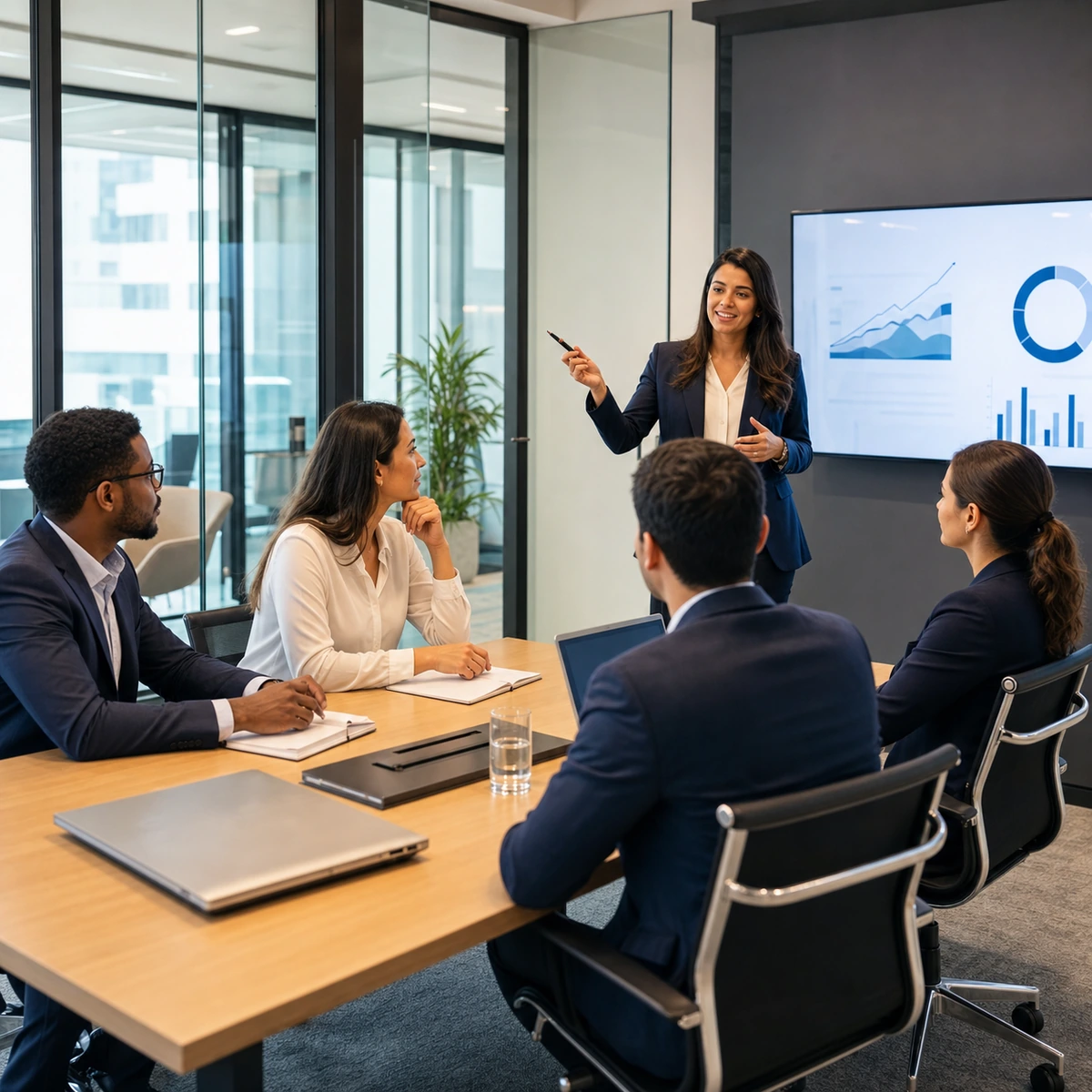 Equipe corporativa reunida em apresentação estratégica